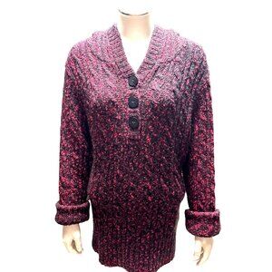 Cabelas Burgundy Black Button Up Hooded Sweater Cozy Knit Cotton Blend Warm Styl